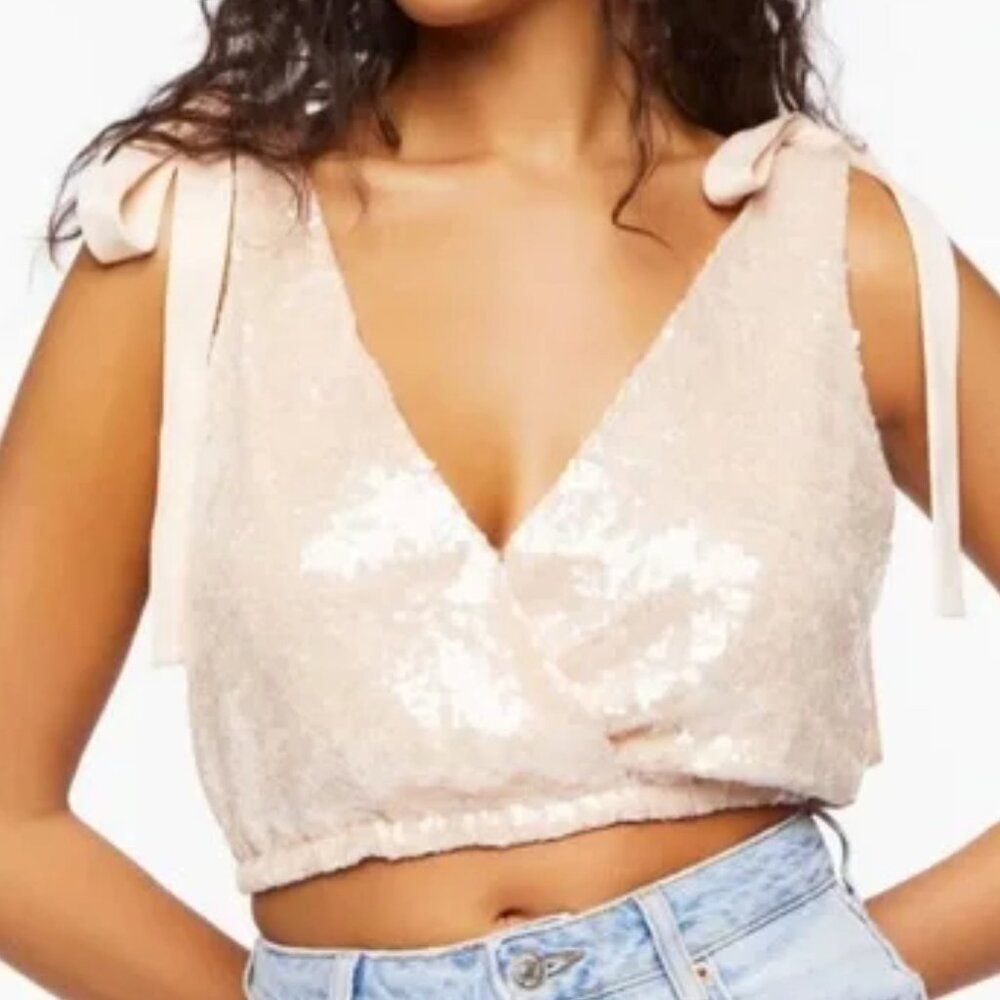 Forever 21 Sequin Tie Crop Top Size Small NWT Blush Pink